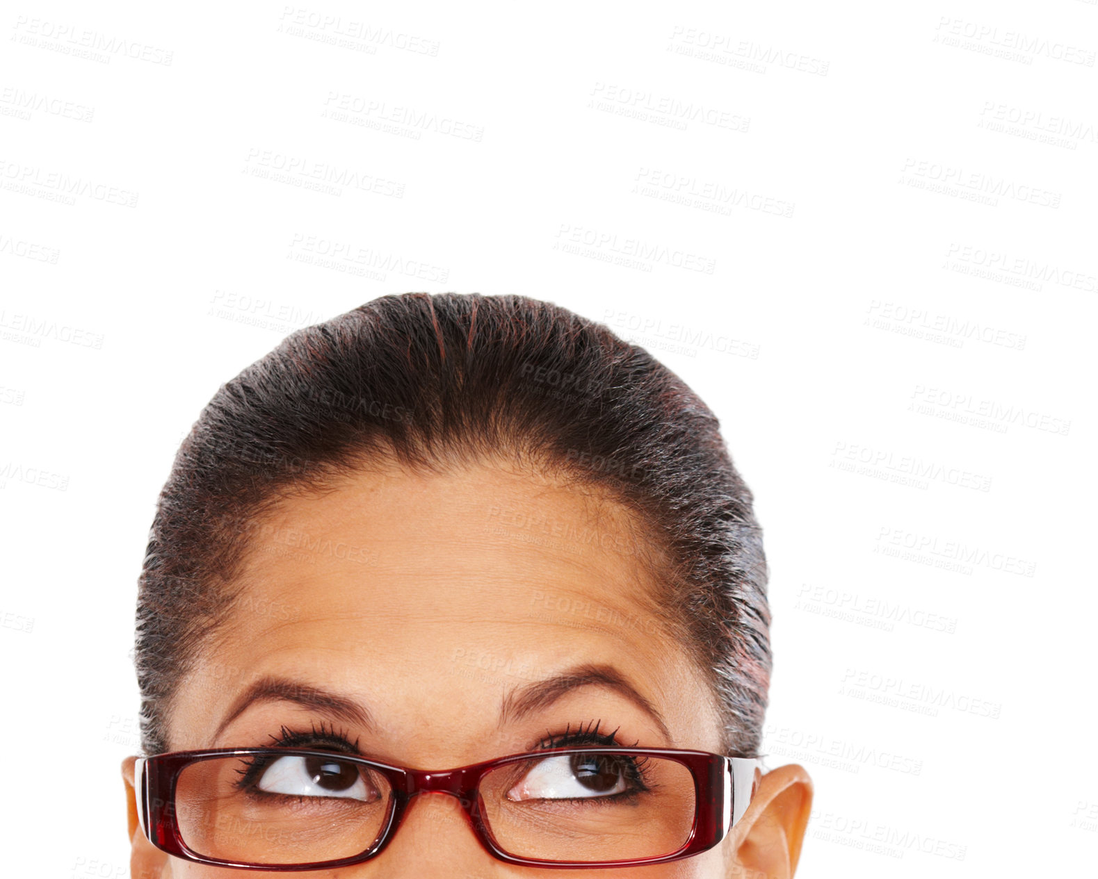 Buy stock photo Thinking, glasses and mock up with a black woman in studio isolated on a white background for product placement. Idea, eyewear and frame with a female on space for marketing, advertising or branding