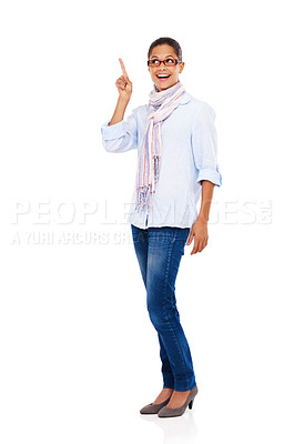 Buy stock photo Curious woman, hand or pointing at glasses promotion, optician health insurance or sales deal on white background. Smile, happy or model optometry eyewear and showing hand gesture on isolated mock up