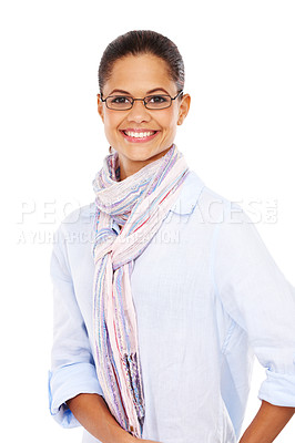 Buy stock photo Portrait, eyewear and smile with a black woman in studio isolated on a white background for fashion or style. Model, happy and glasses with an attractive young female standing on blank space