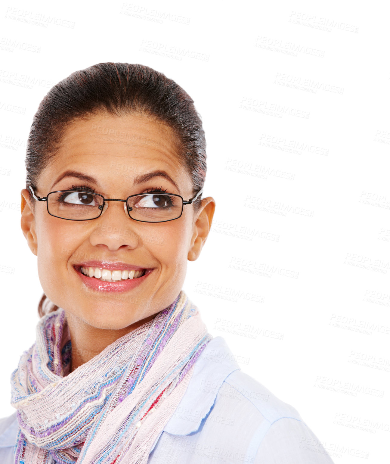 Buy stock photo Thinking, glasses and space with a black woman in studio isolated on a white background for product placement. Idea, eyewear and frame with a female on mockup for marketing, advertising or branding