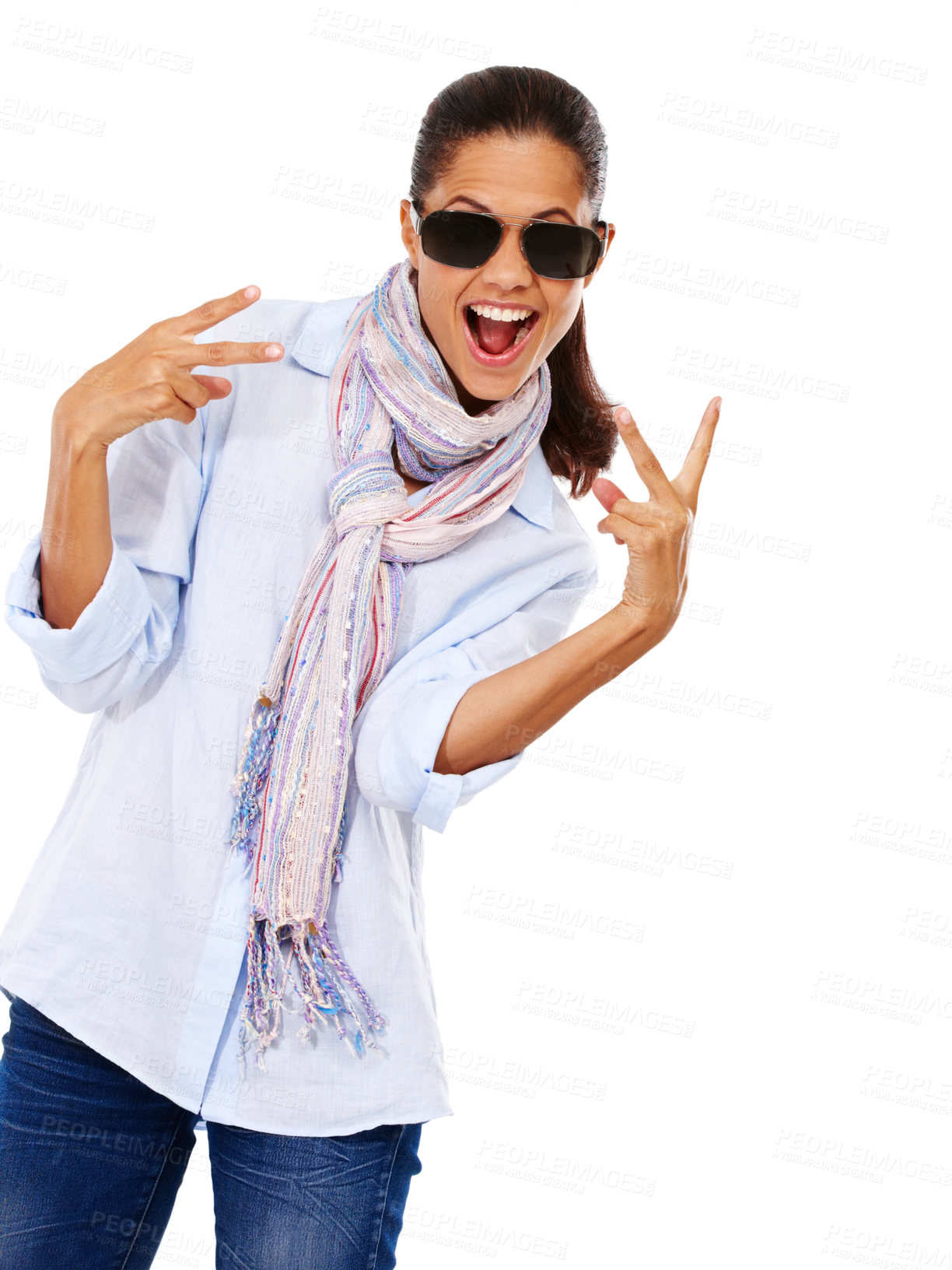 Buy stock photo Black woman, peace sign and sunglasses portrait while excited about announcement on discount glasses. Female model isolated on a white background while happy in studio with cool emoji and space