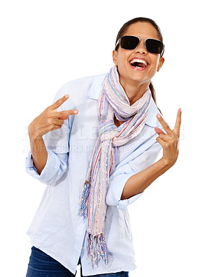 Buy stock photo Woman, peace hands and sunglasses in studio portrait with beauty smile, fashion and scarf by white background. Isolate model, trendy clothes and happiness for style, hand gesture and excited laughing