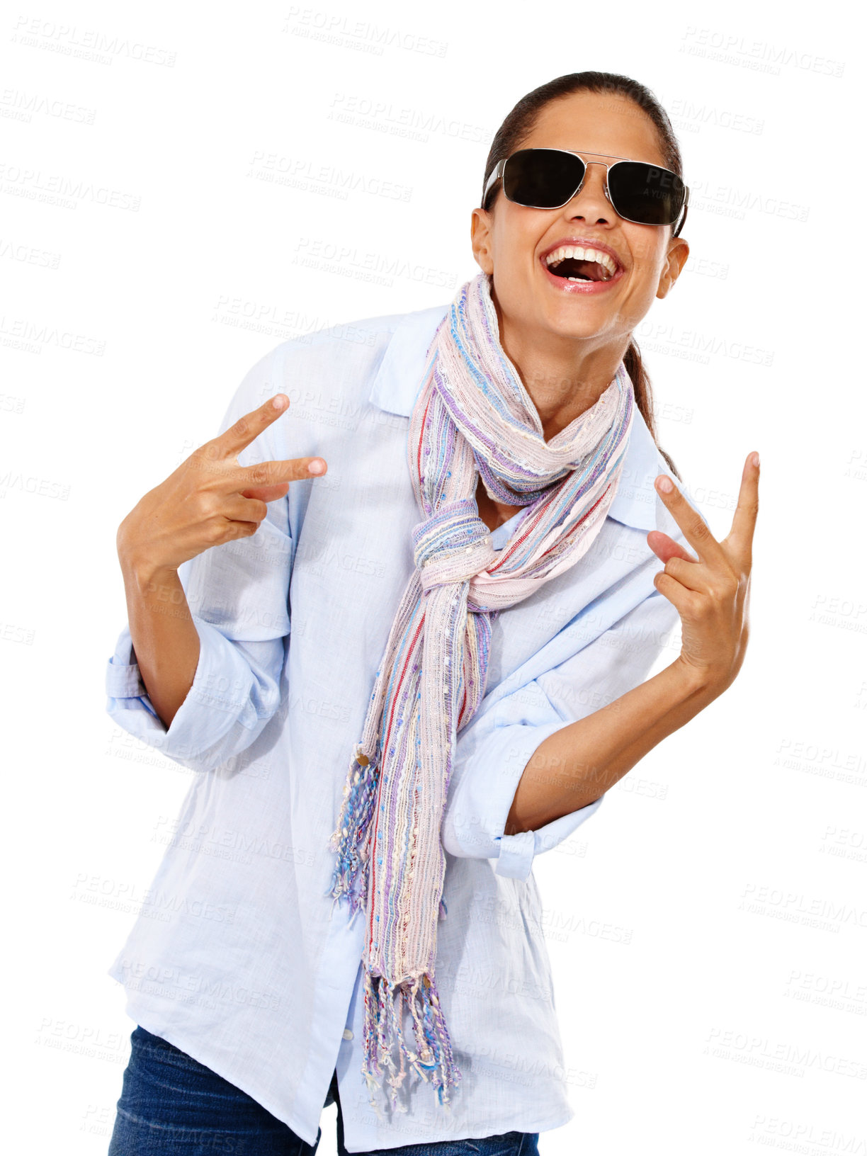 Buy stock photo Woman, peace hands and sunglasses in studio portrait with beauty smile, fashion and scarf by white background. Isolate model, trendy clothes and happiness for style, hand gesture and excited laughing