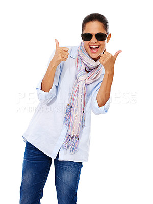 Buy stock photo Sunglasses, fashion and woman with thumbs up in studio isolated on a white background. Portrait, ok hand gesture and stylish, trendy and cool female with thumbsup for support, thank you or like emoji