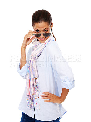 Buy stock photo Portrait, peeking and black woman with sunglasses, girl and casual outfit with person isolated on white studio background. African American female, lady and eyewear for clear vision, smile and trendy