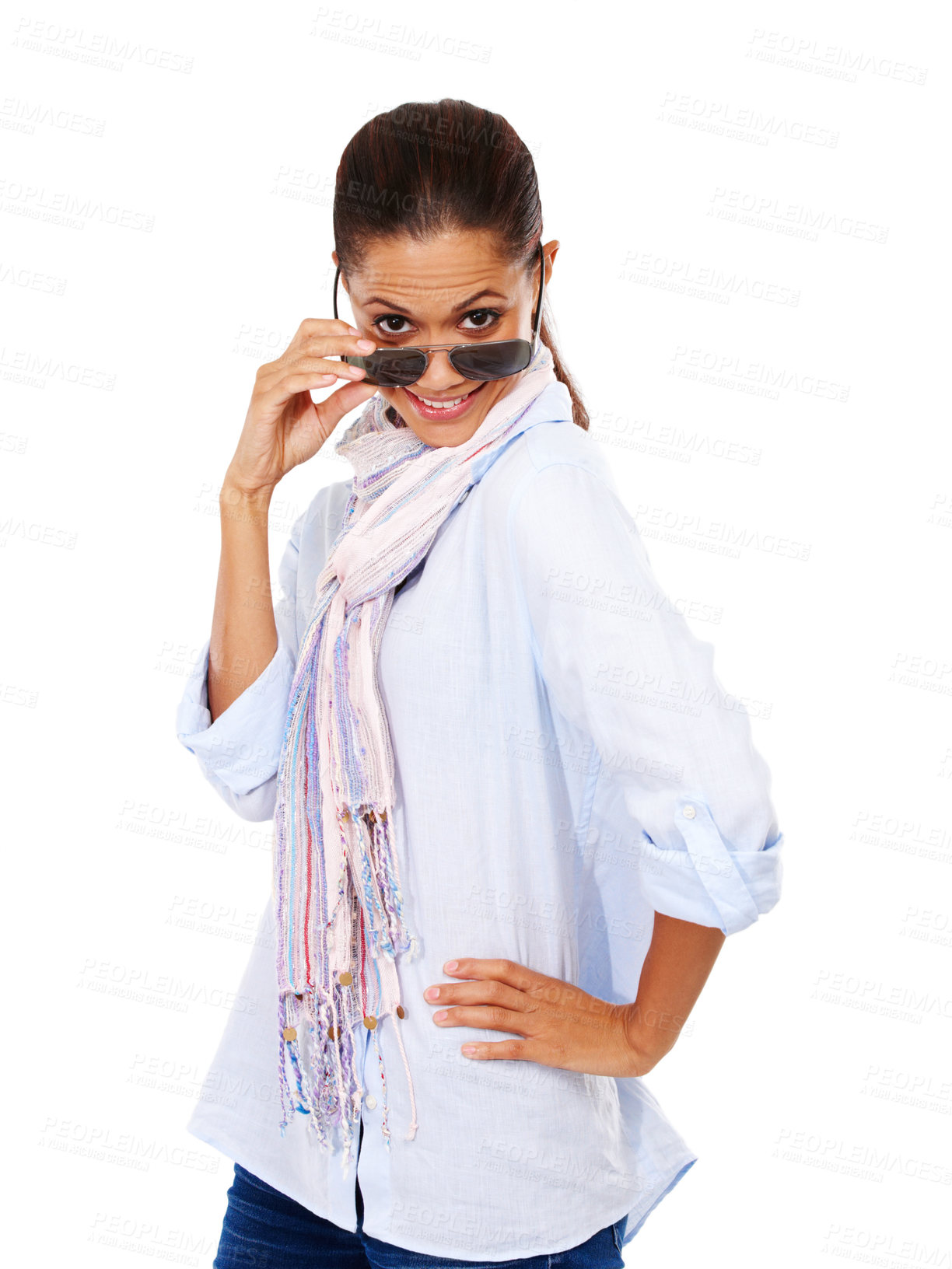 Buy stock photo Portrait, peeking and black woman with sunglasses, girl and casual outfit with person isolated on white studio background. African American female, lady and eyewear for clear vision, smile and trendy