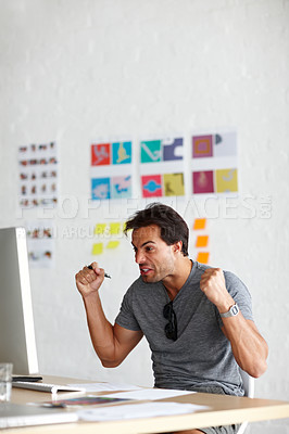 Buy stock photo Happy, man and computer with celebration in office for day trading, bonus and investment growth. Excited, investor and creative person with fist in winning for stock market, profit or news of success