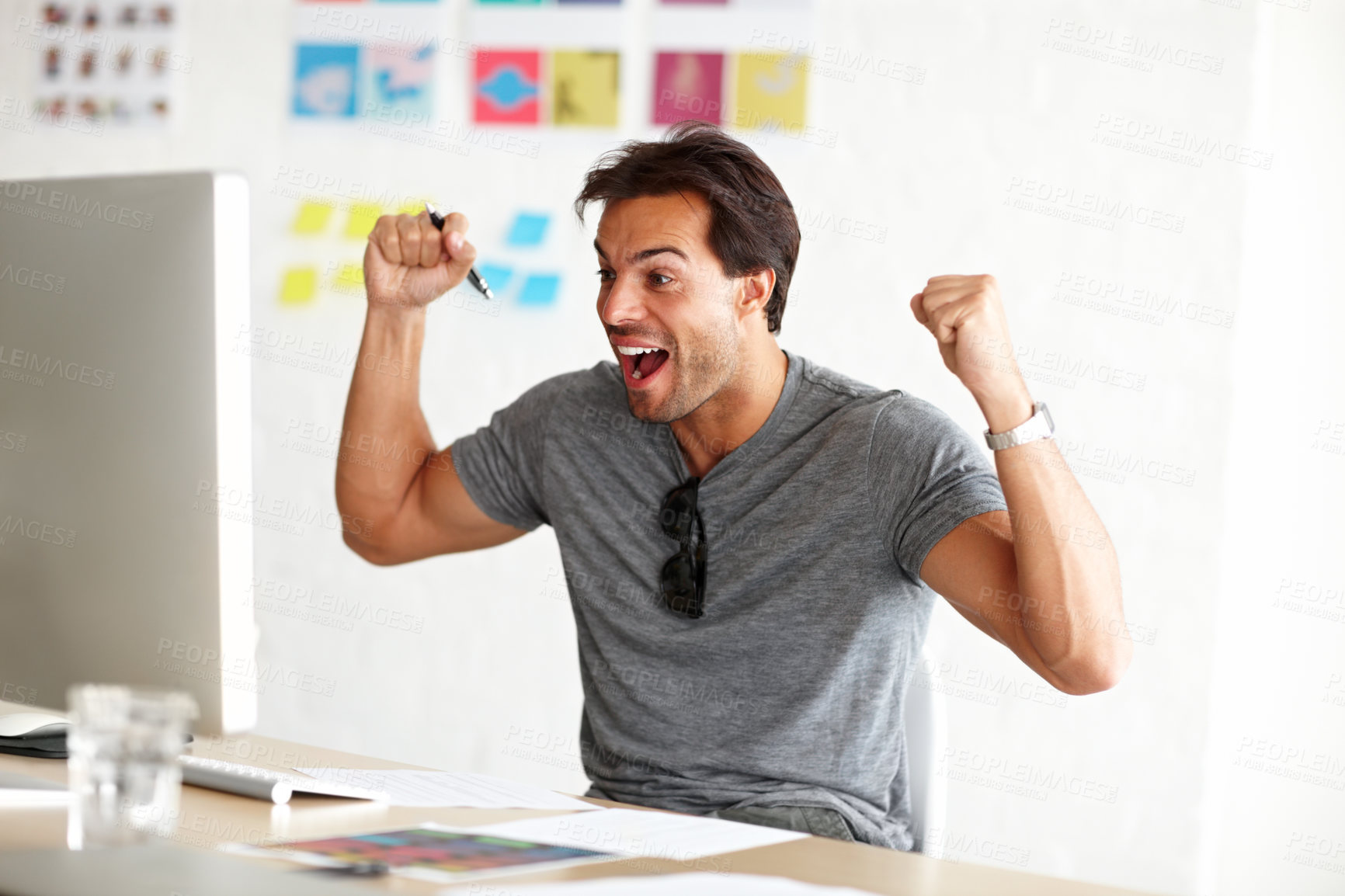 Buy stock photo Excited, man and computer with celebration in office for day trading, bonus and investment growth. Happy, investor and creative person with fist in winning for stock market, profit or news of success