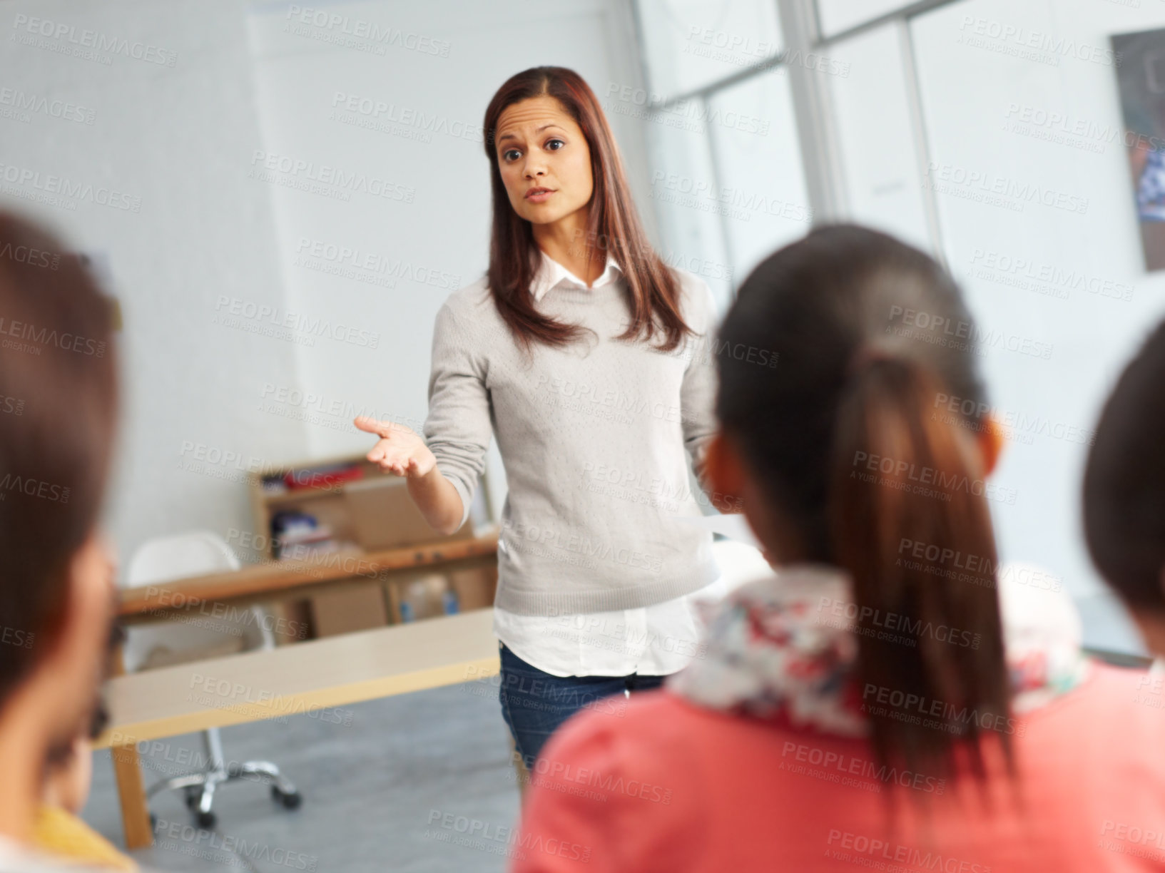 Buy stock photo Presentation, office and woman with business people in meeting for discussion, planning and communication. Creative agency, teamwork and men and women talking for ideas, collaboration and project