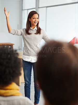 Buy stock photo Presentation, excited and woman with business people in office for discussion, planning and communication. Creative agency, teamwork and men and women talking for ideas, collaboration and meeting