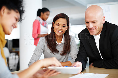 Buy stock photo Tablet, advisor and business people in meeting for ideas, development and proposal for team collaboration. Digital app, man and women in office together for consulting, planning or project management