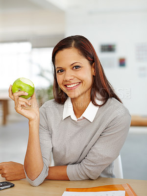 Buy stock photo Portrait, woman and apple for lunch in office, healthy food and nutrition health. Organic fruits, vitamins and business woman relax at desk, smile and happiness motivation or breakfast at work