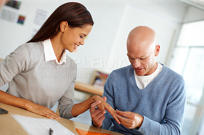 Buy stock photo Woman, colleague and engagement ring, happy smile and excited and conversation, talking and joy in office. Business people, talk and marriage proposal at work, friends and speaking, show or happiness
