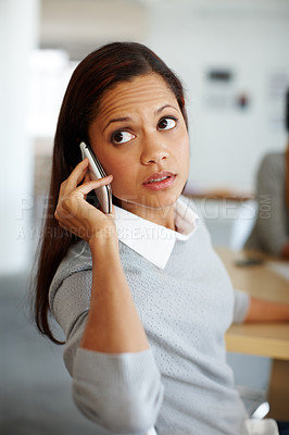 Buy stock photo Business woman, phone call and listening to digital marketing ideas, advertising strategy or brand planning innovation. Talking designer, worker or employee on mobile communication office technology 