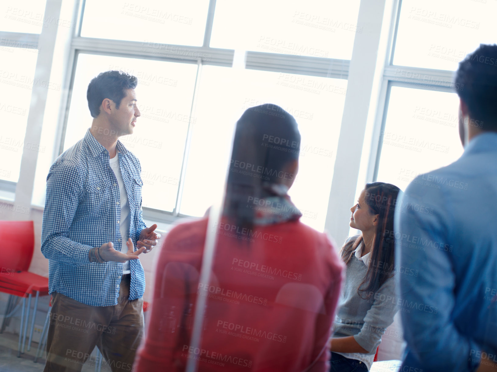 Buy stock photo Communication, training or strategy team in meeting at startup office with focused employees. Planning, management or collaboration of marketing workers for professional company development.