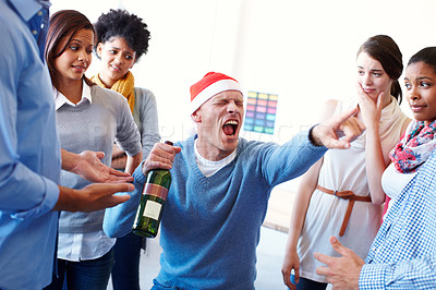 Buy stock photo Bad, office and party with business team looking uncomfortable by colleague drunk behaviour in office. Business people, judging and confused by alcoholic employee being silly at their work event 