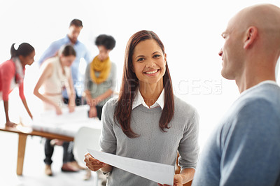 Buy stock photo Documents, happy and portrait of an employee talking to her boss about a corporate project. Advice, planning and designer with paper and manager for a creative collaboration, strategy and discussion