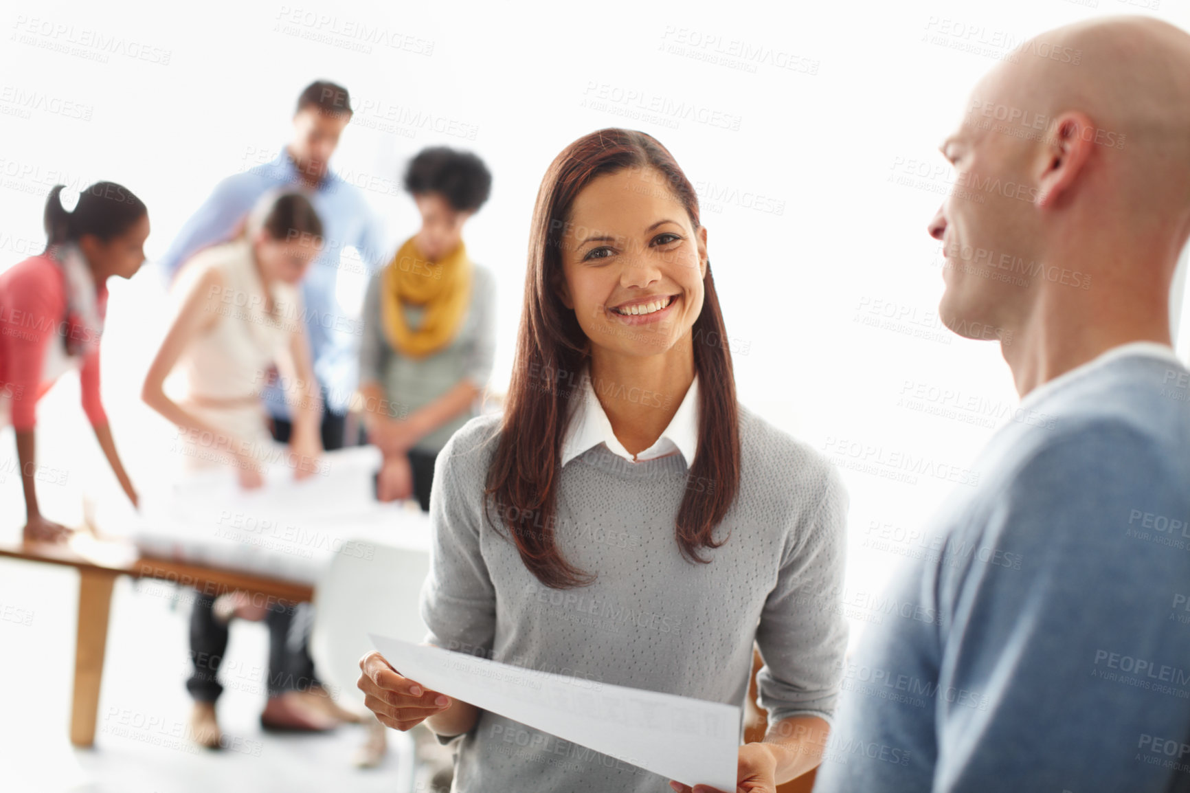 Buy stock photo Documents, happy and portrait of an employee talking to her boss about a corporate project. Advice, planning and designer with paper and manager for a creative collaboration, strategy and discussion