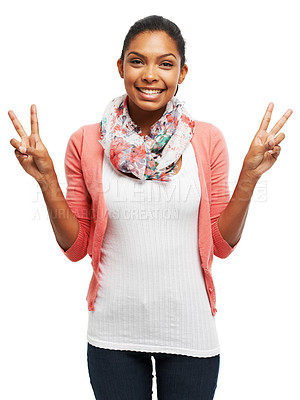 Buy stock photo Portrait of a young woman showing you the peace sign