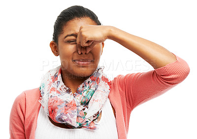 Buy stock photo Bad smell, woman and nose pinch with block, disgust and odor problem in studio with rank stink. Gross, upset and yuck with holding from foul and unhappy from gas with nausea and white background