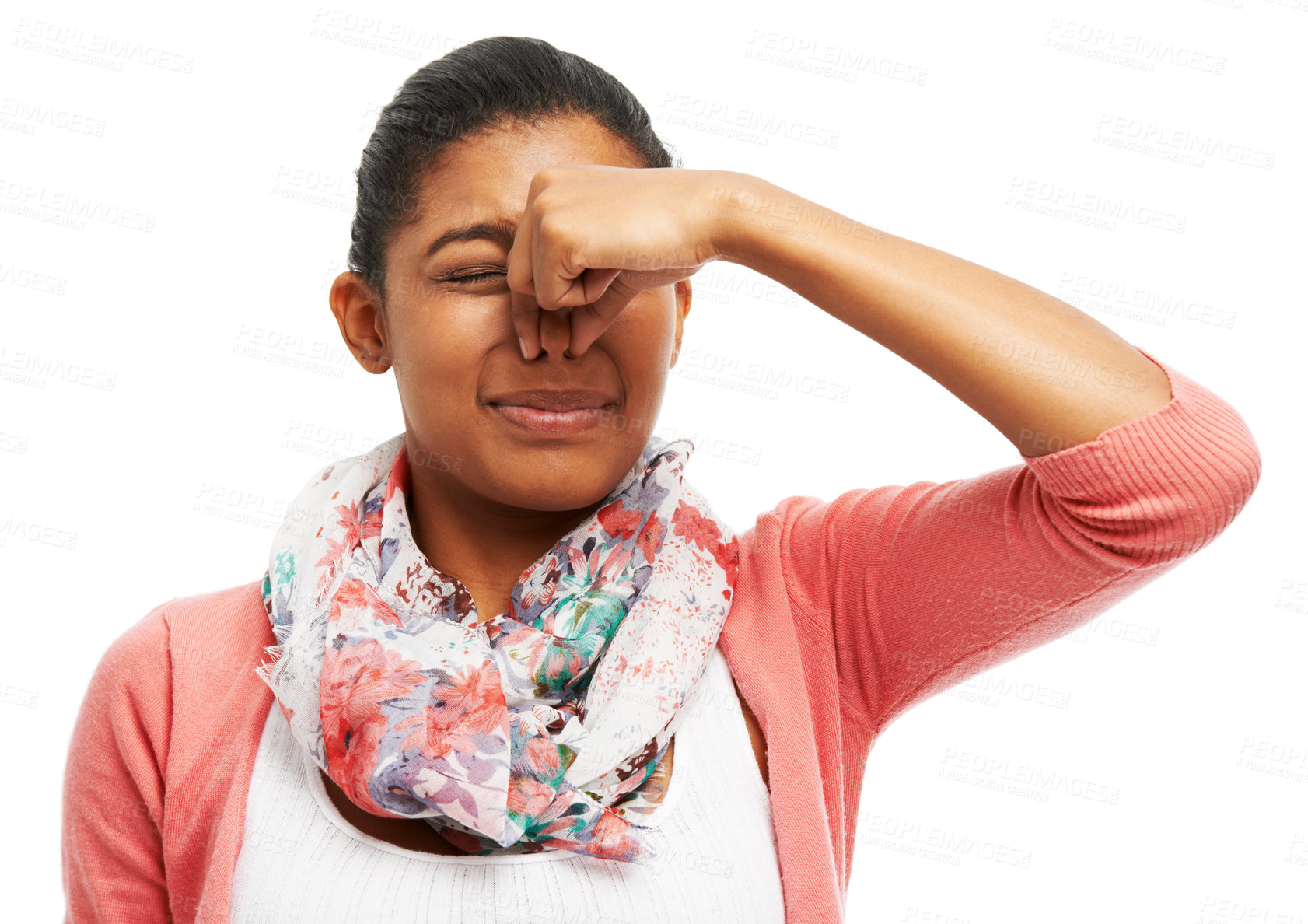 Buy stock photo Bad smell, woman and nose pinch with block, disgust and odor problem in studio with rank stink. Gross, upset and yuck with holding from foul and unhappy from gas with nausea and white background