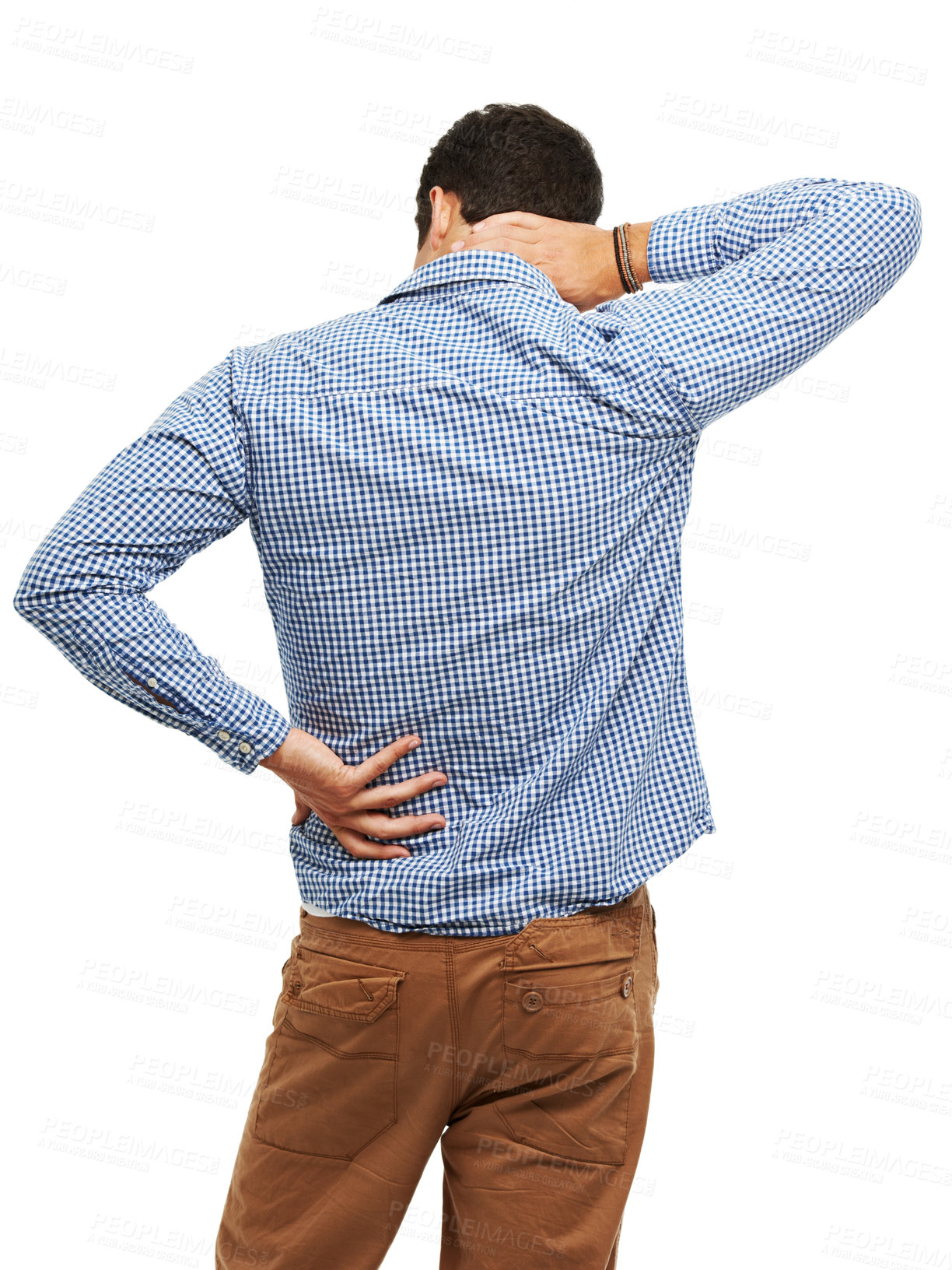 Buy stock photo Backache, neck pain and man in studio with injury for medical emergency, accident and inflammation. Burnout, stress and isolated person massage for tension, strain and muscle on white background