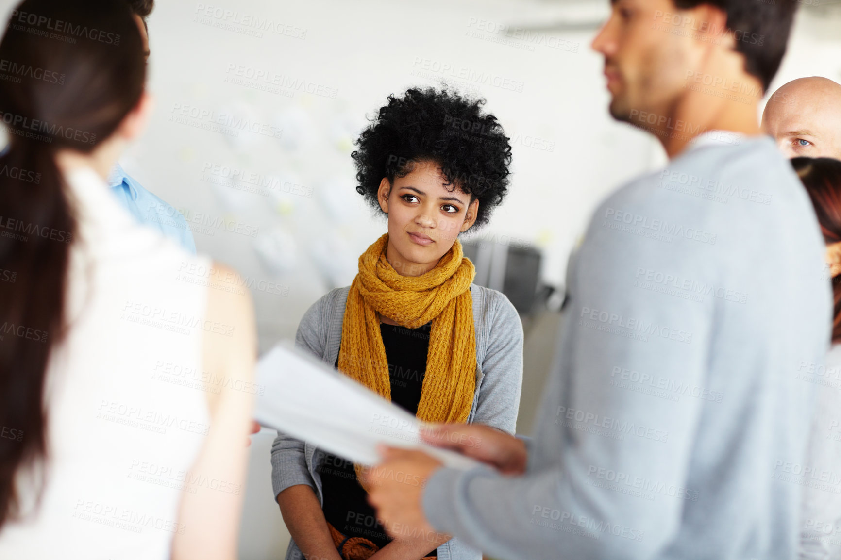 Buy stock photo Business people, documents and collaboration in office for discussion, meeting and compliance training. Creative agency, paperwork and diversity in workplace for communication, teamwork and research