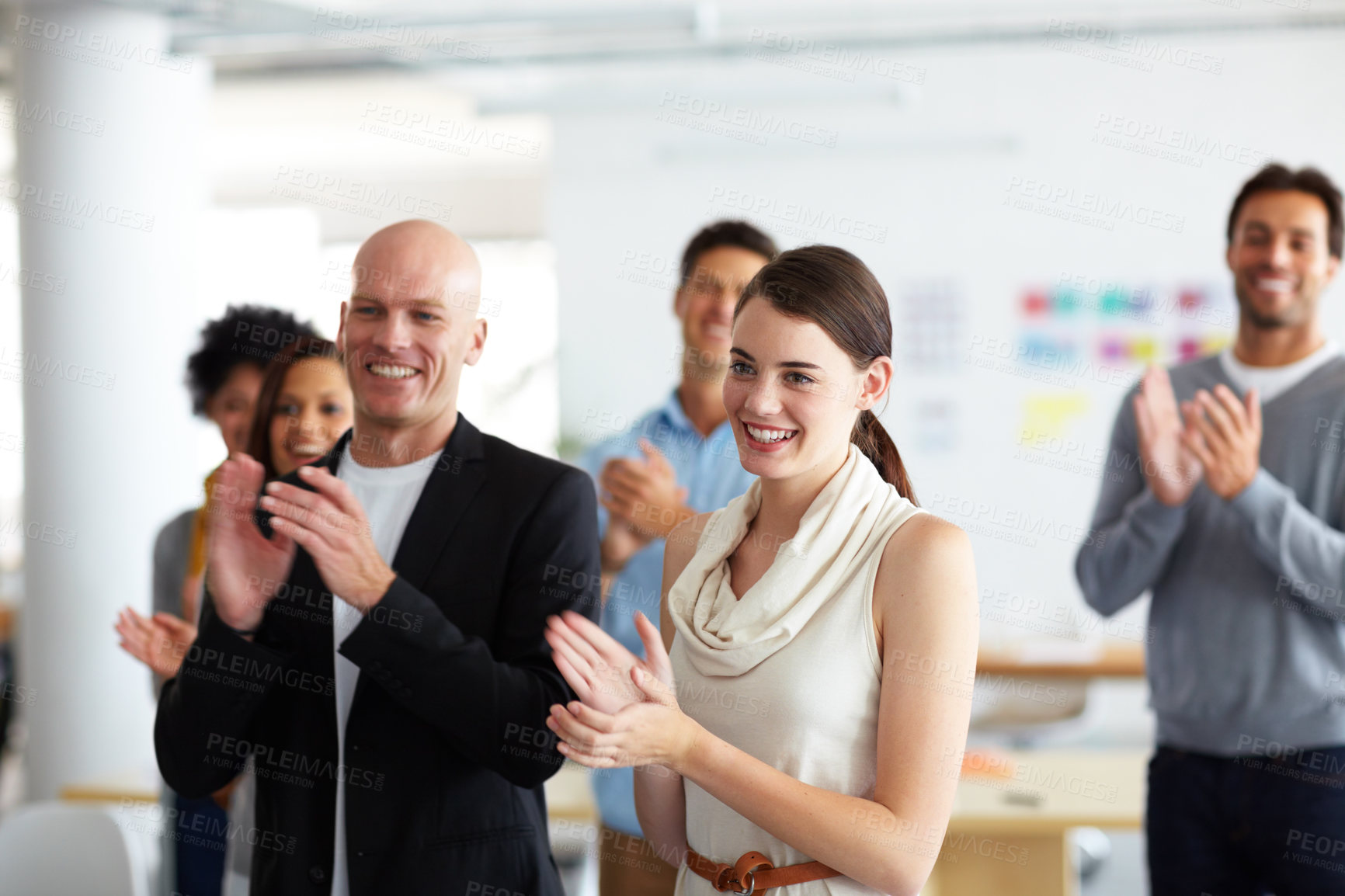 Buy stock photo Office, applause and business people in meeting for teamwork, collaboration and celebration. Corporate, professional and happy men and women clapping hands for victory, achievement and good news
