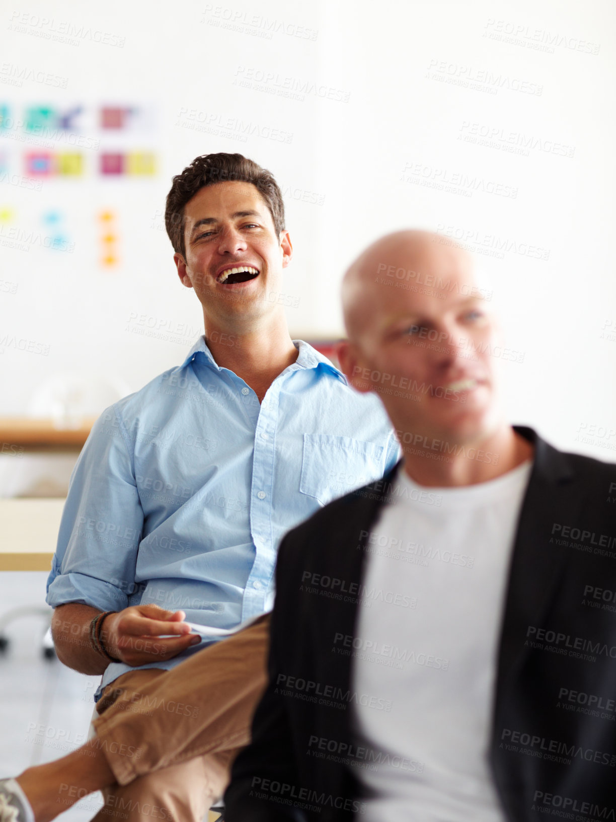 Buy stock photo Expo, laughing and creative with business man in office for meeting, collaboration and growth workshop. Design prototype, planning and identity development with male employee in branding startup.