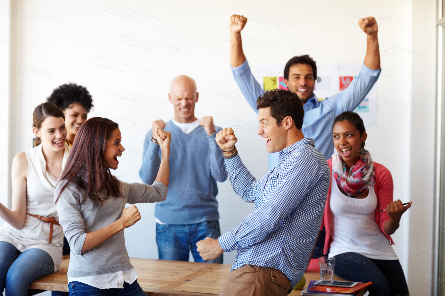 Buy stock photo Excited, business people or winning with celebration together for promotion, teamwork or success at office. Creative, group or happy employees with smile for achievement or company goals at workplace