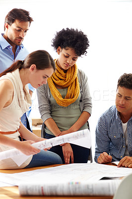 Buy stock photo Collaboration, blueprint and design with an architecture team working together in their office. Meeting, teamwork and building with an architect, engineer and designer at work on a creative project 