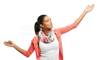 Buy stock photo Pretty young woman presenting copyspace against a white background