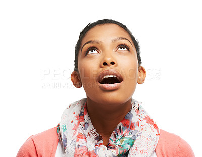 Buy stock photo Cropped view of a young woman looking up and gasping in surprise