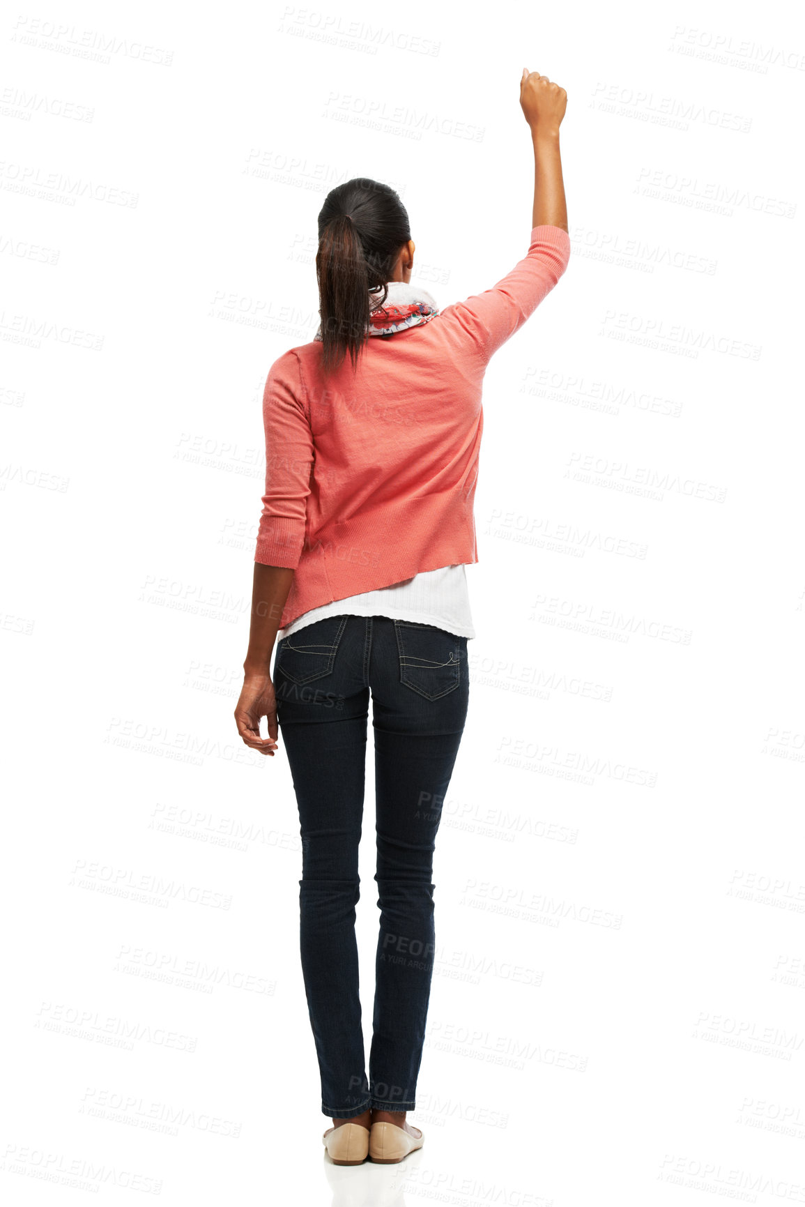 Buy stock photo Review of a young woman knocking against white copyspace 