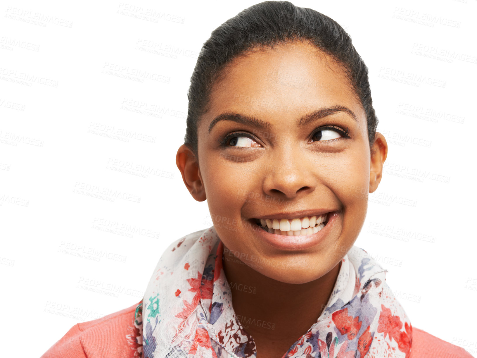 Buy stock photo Thinking, looking and face of woman in studio for announcement, discount news and information. Advertising, happy and isolated person for retail sale, promotion and bargain on white background