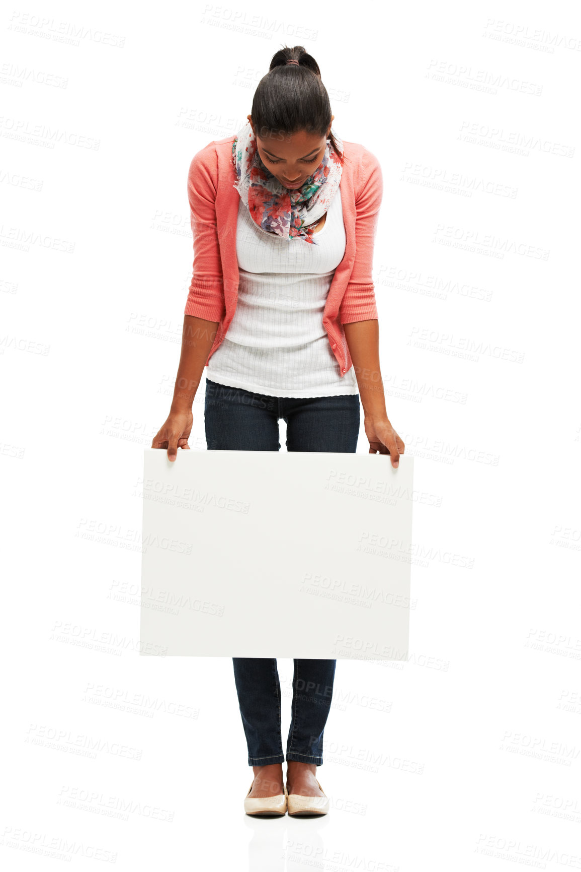 Buy stock photo Poster, discount and woman on a white background for news, announcement and information. Shopping, advertising and isolated person with sign or banner for retail sale, deal and bargain in studio