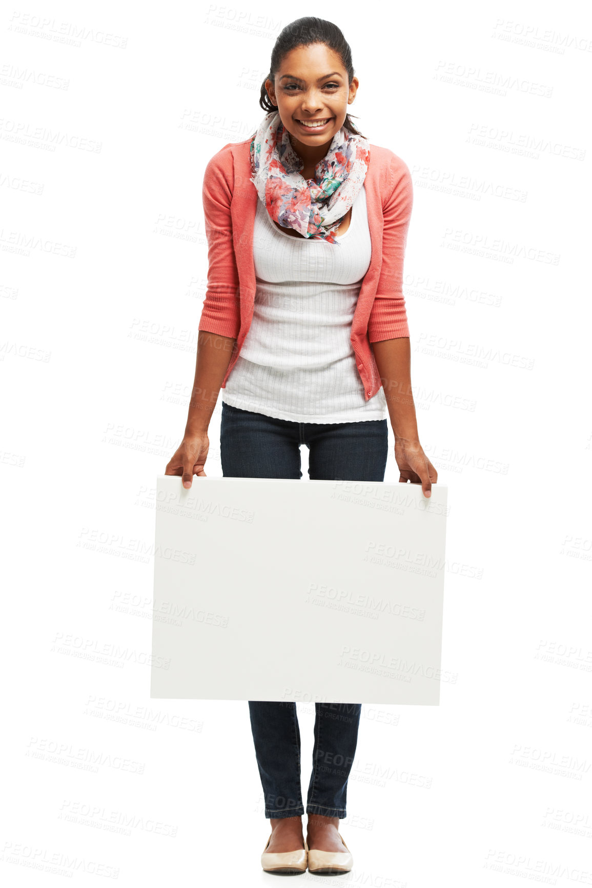 Buy stock photo Poster, mockup space and portrait of happy woman in studio for news, advertising and promotion. Banner, billboard and face of person for announcement, information and bargain on white background