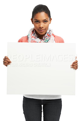 Buy stock photo Woman, portrait and billboard with mockup for advertising, campaign message or alert on a white studio background. Young, female person or model with poster or space for marketing or notification