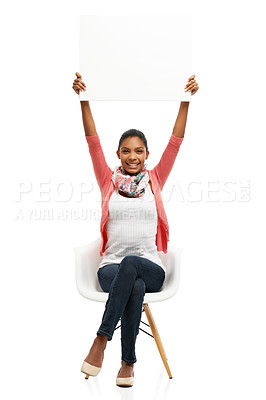 Buy stock photo Poster, chair and portrait of woman in studio for news, advertising and promotion. Mockup space, billboard and face of person with banner for announcement, information and bargain on white background