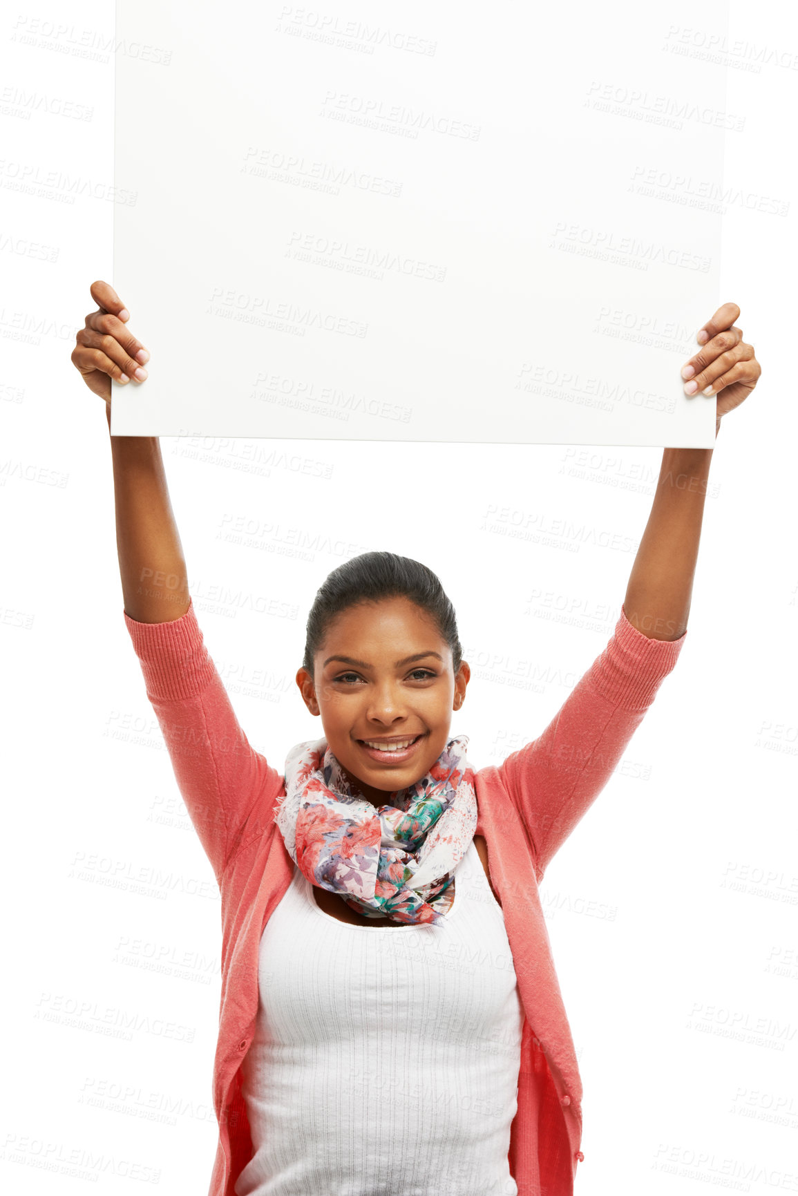 Buy stock photo Happy woman, portrait or billboard with mockup for advertising, campaign message or alert on a white studio background. Young, female person or model with smile, poster or space for marketing or sale