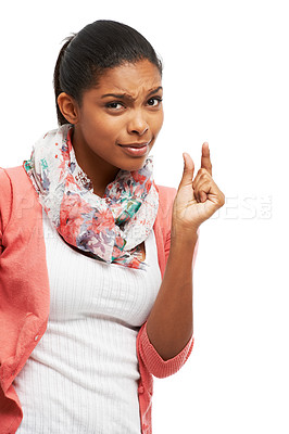 Buy stock photo Young woman gesturing size against a white background