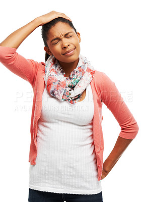 Buy stock photo Headache, stress and woman in studio with injury for medical emergency, migraine and brain fog. Burnout, health and isolated person frustrated for tension, strain and pain on white background