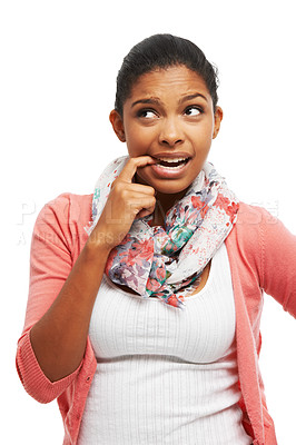 Buy stock photo African woman, vision and mistake in studio for regret, stress and questions with worried or trouble. Female person, thinking and problem on white background for fail, concern and fear with anxiety