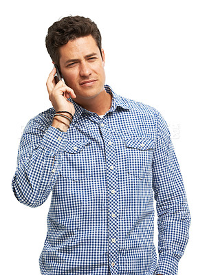 Buy stock photo Thinking, man and phone call with internet in studio for communication, connection and digital chat. Online, network and person with tech for contact, conversation and discussion on white background