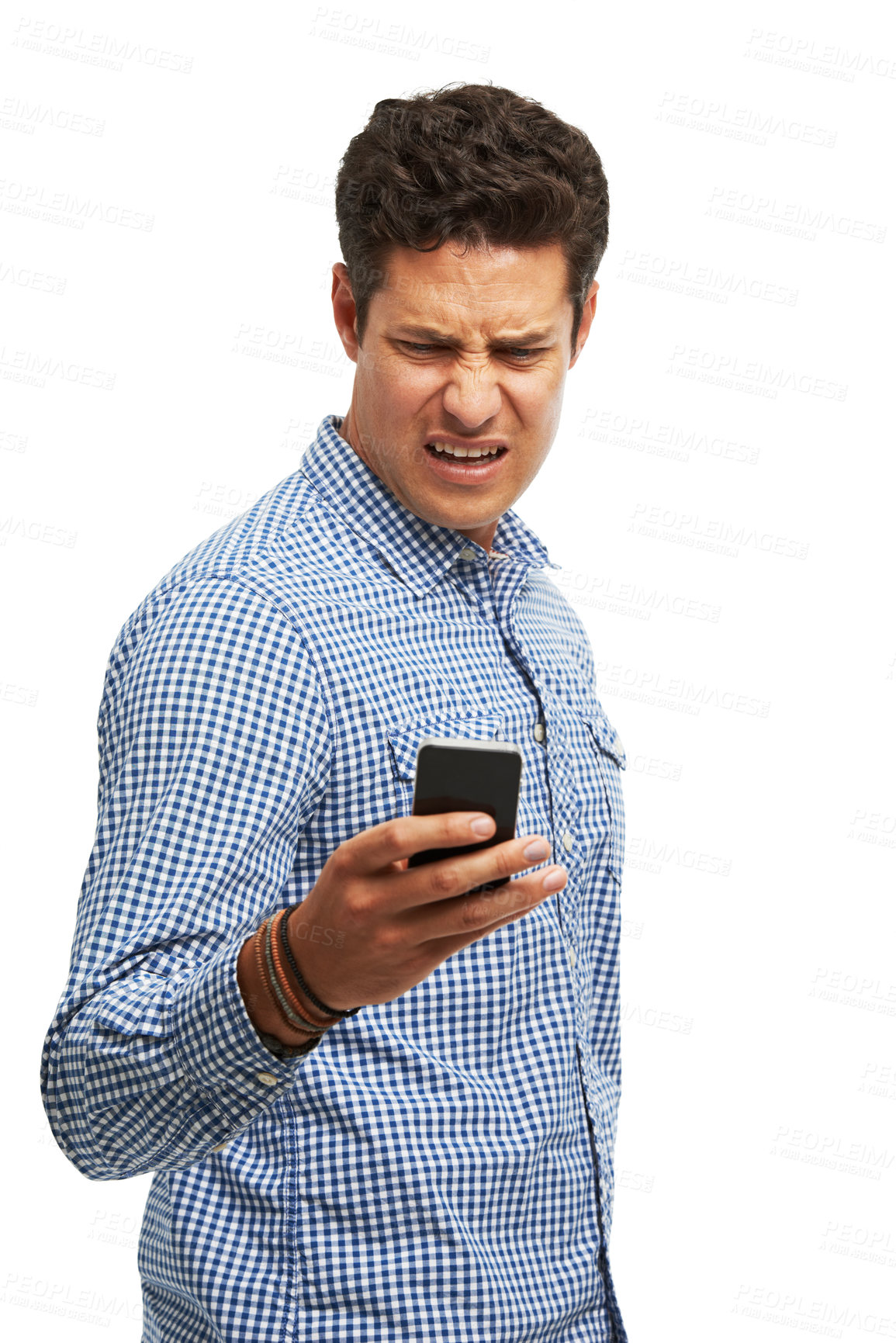 Buy stock photo Angry, man and shocked with phone in studio for online bullying, argument and scam on social media. Person, stress and frustrated with tech for internet, gossip and fake news on white background