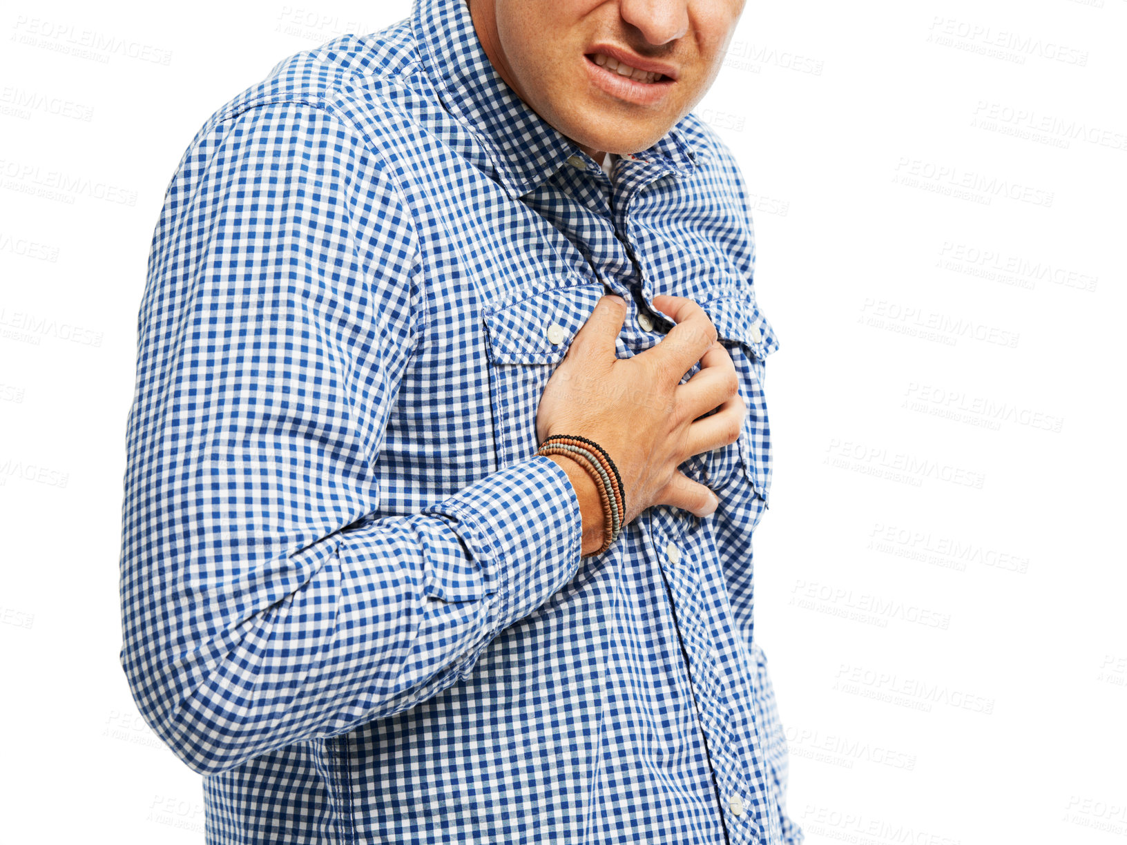 Buy stock photo Hand, healthcare and heart attack with man in studio isolated on white background for medical emergency. Anatomy, cardiac arrest and chest pain with person in distress for breathing or oxygen