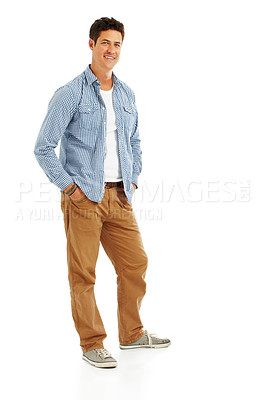Buy stock photo Handsome young guy standing casually against a white background