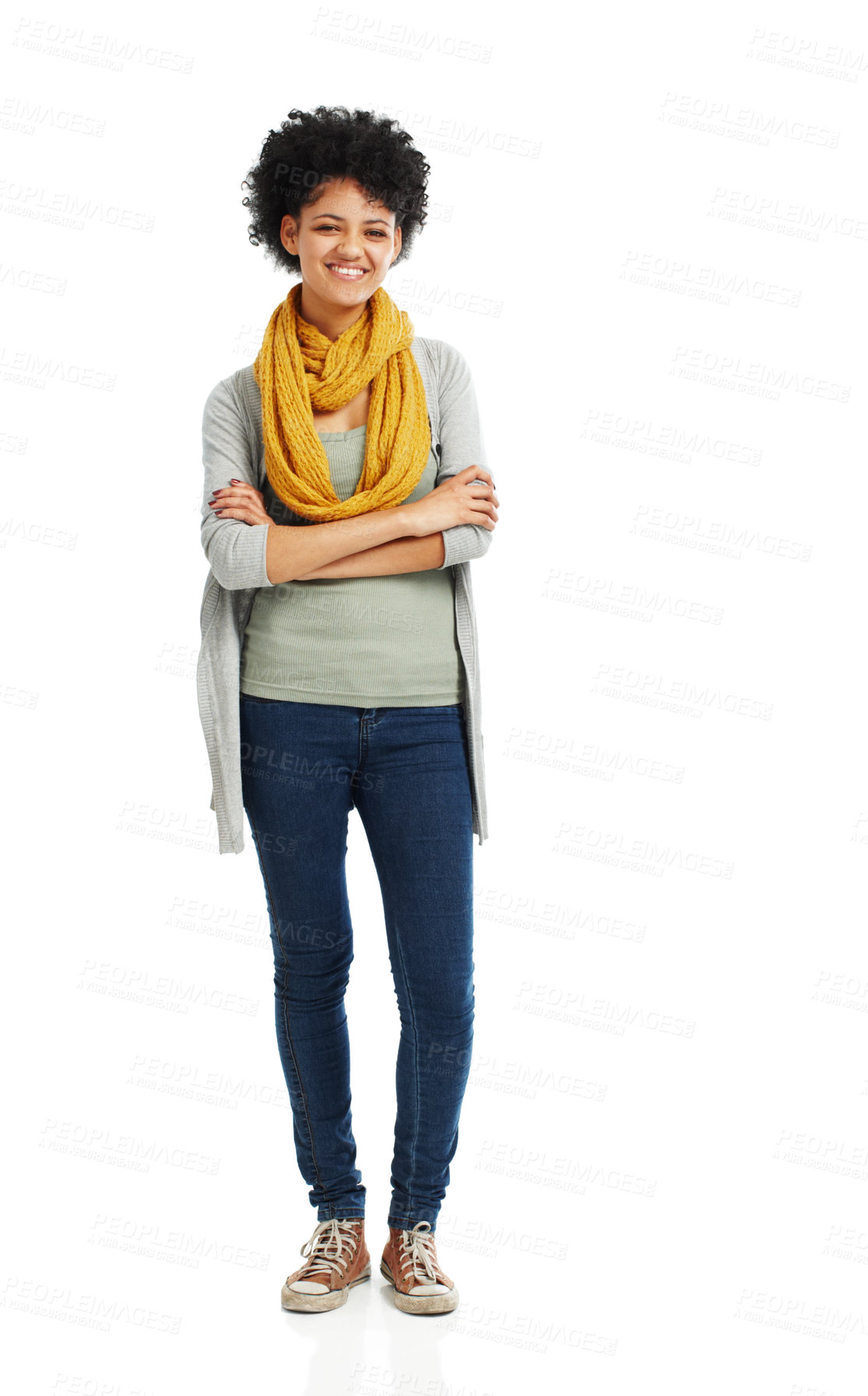 Buy stock photo Fashion, smile and portrait of woman in studio for casual outfit, confidence and trendy clothes. Female person, happy and relax with arms crossed for style, satisfaction and pride on white background