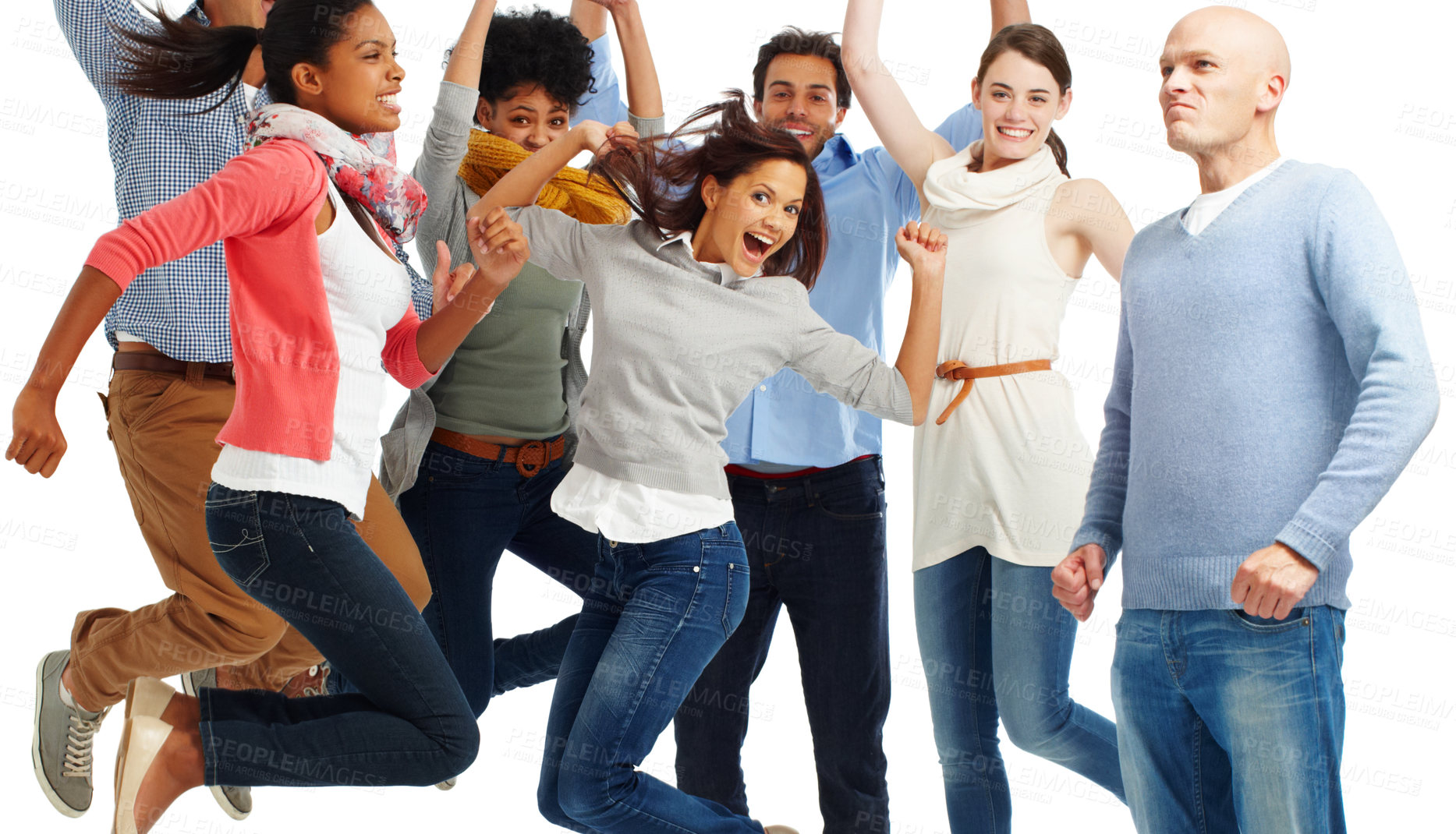 Buy stock photo Excited, jump and group of people in studio for team building, collaboration or creative job success. Employee, diversity and happy celebration for partnership, achievement or win on white background