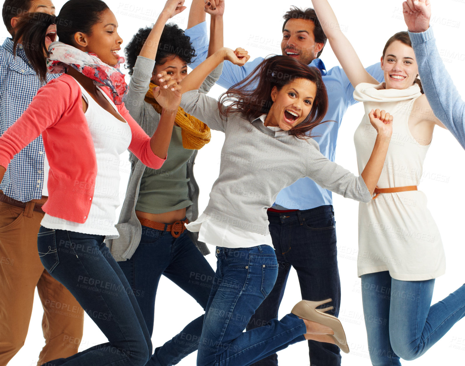 Buy stock photo Group of casually dressed young adults jumping excitedly against a white background